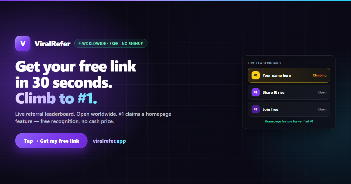ViralRefer — get your free link in 30 seconds. Climb to #1. No cash prize.